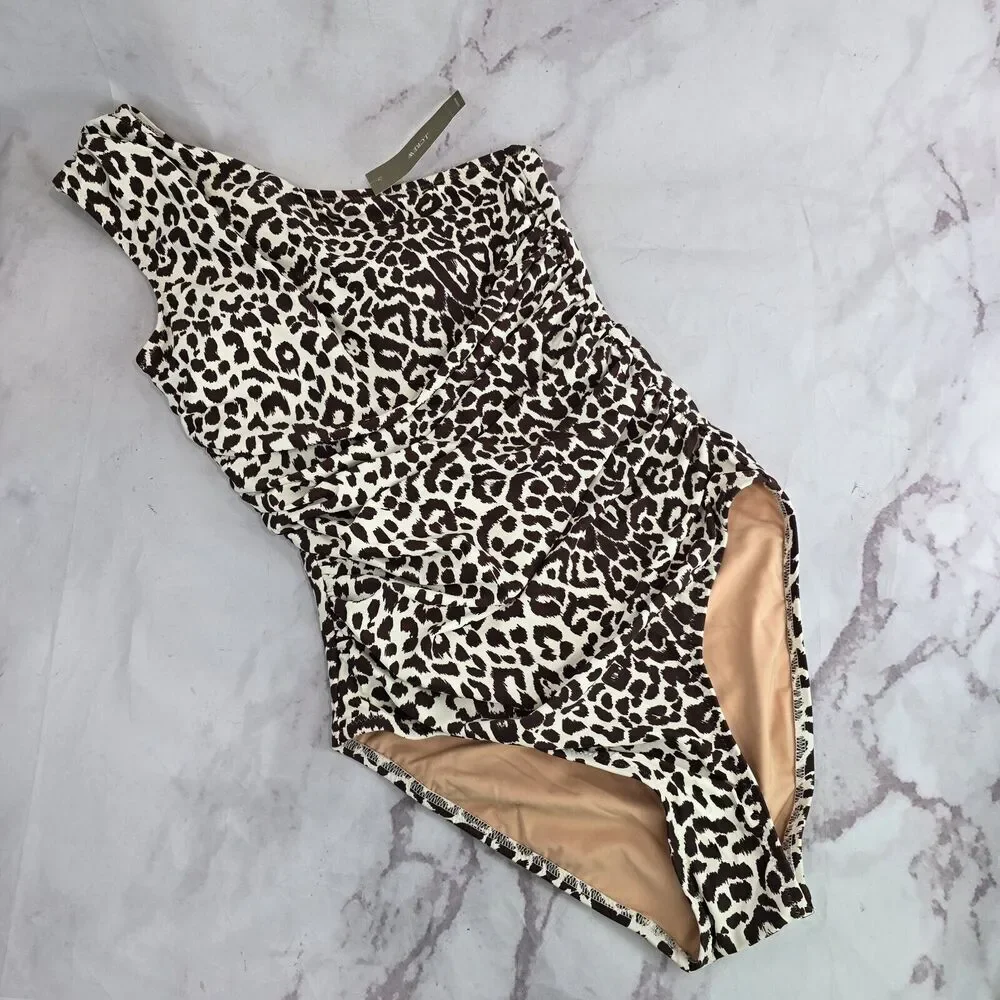 J Crew One Piece One Shoulder Ruched Bikini Leopard Swim Suit BF245 NEW